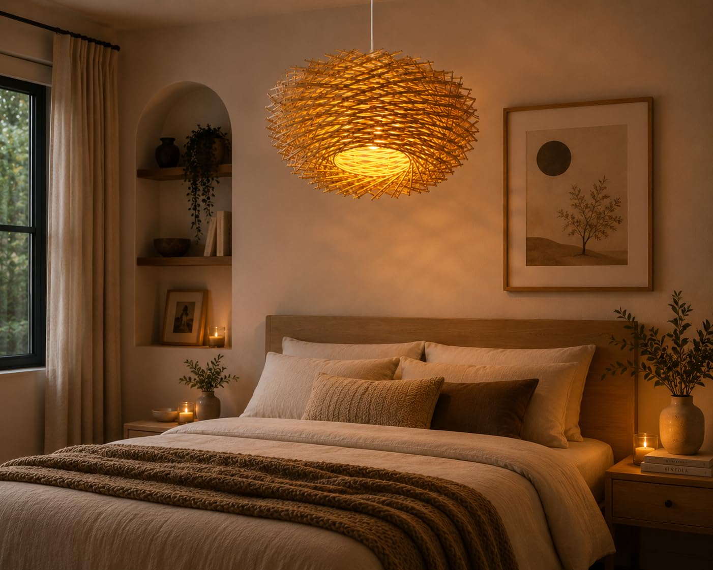 Woven Bamboo Bird Nest Pendant Light - Natural Beige