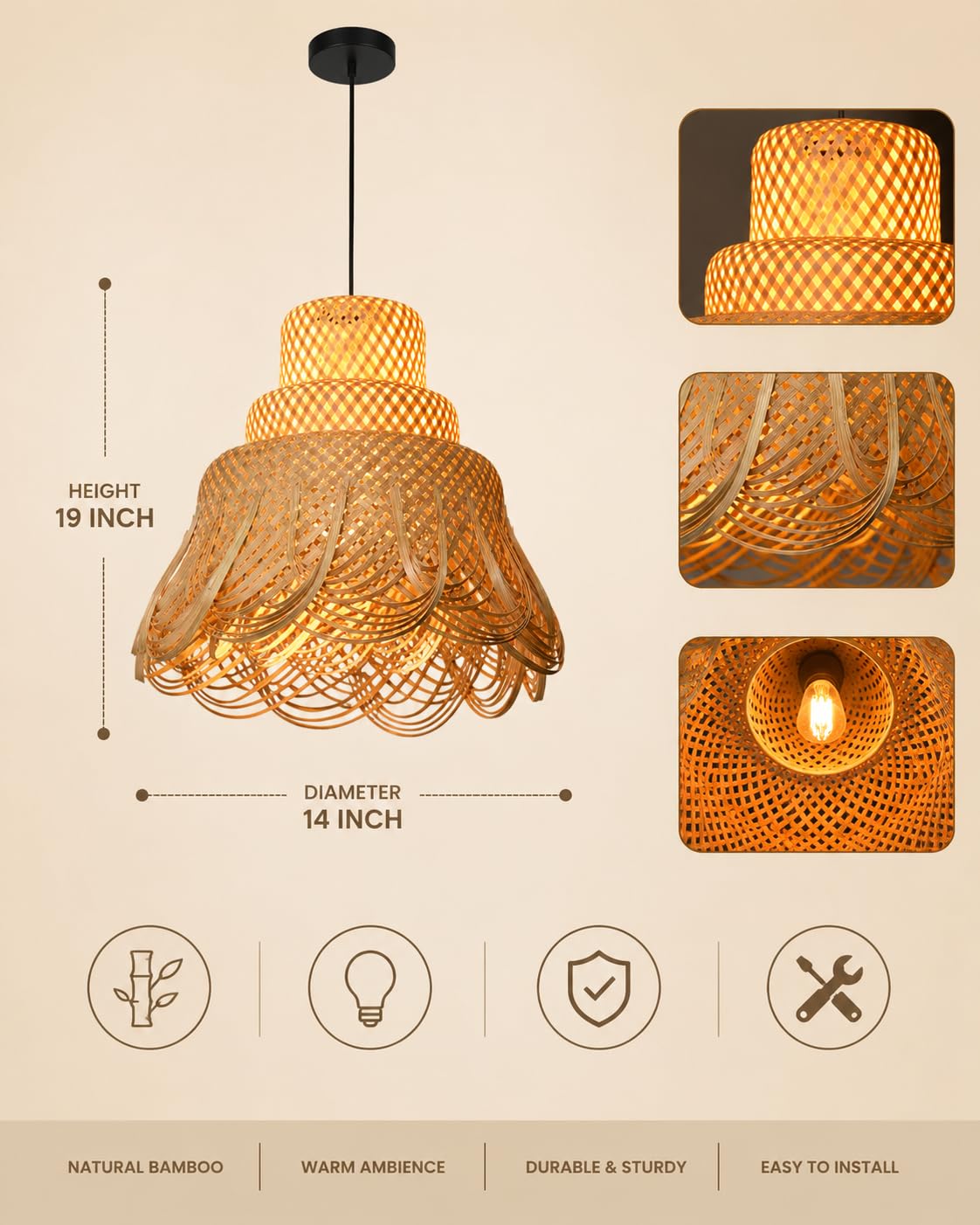 Handwoven Bamboo Pendant Light - Natural