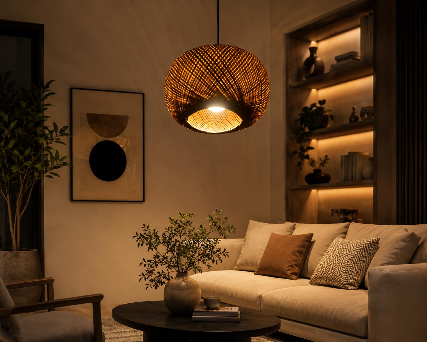 Hanging Natural Bamboo Woven Globe Pendant Light - Light