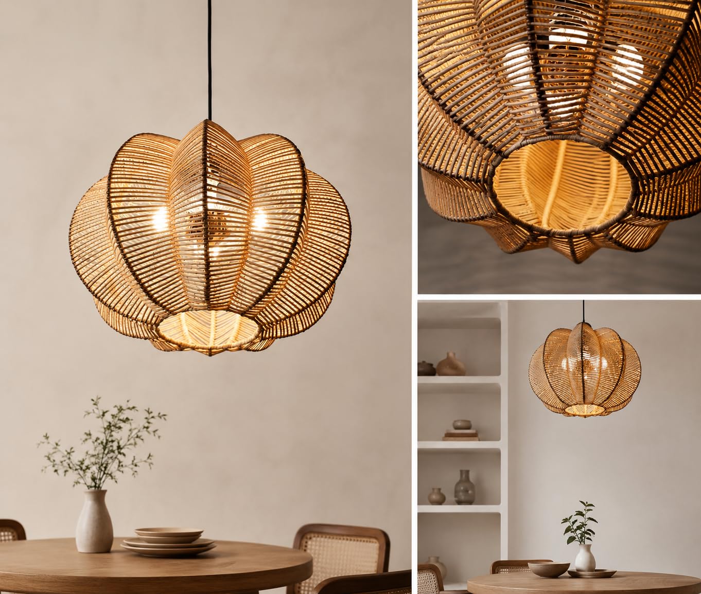 Pumpkin Hanging Natural Rattan Light - Boho Woven Pendant Light