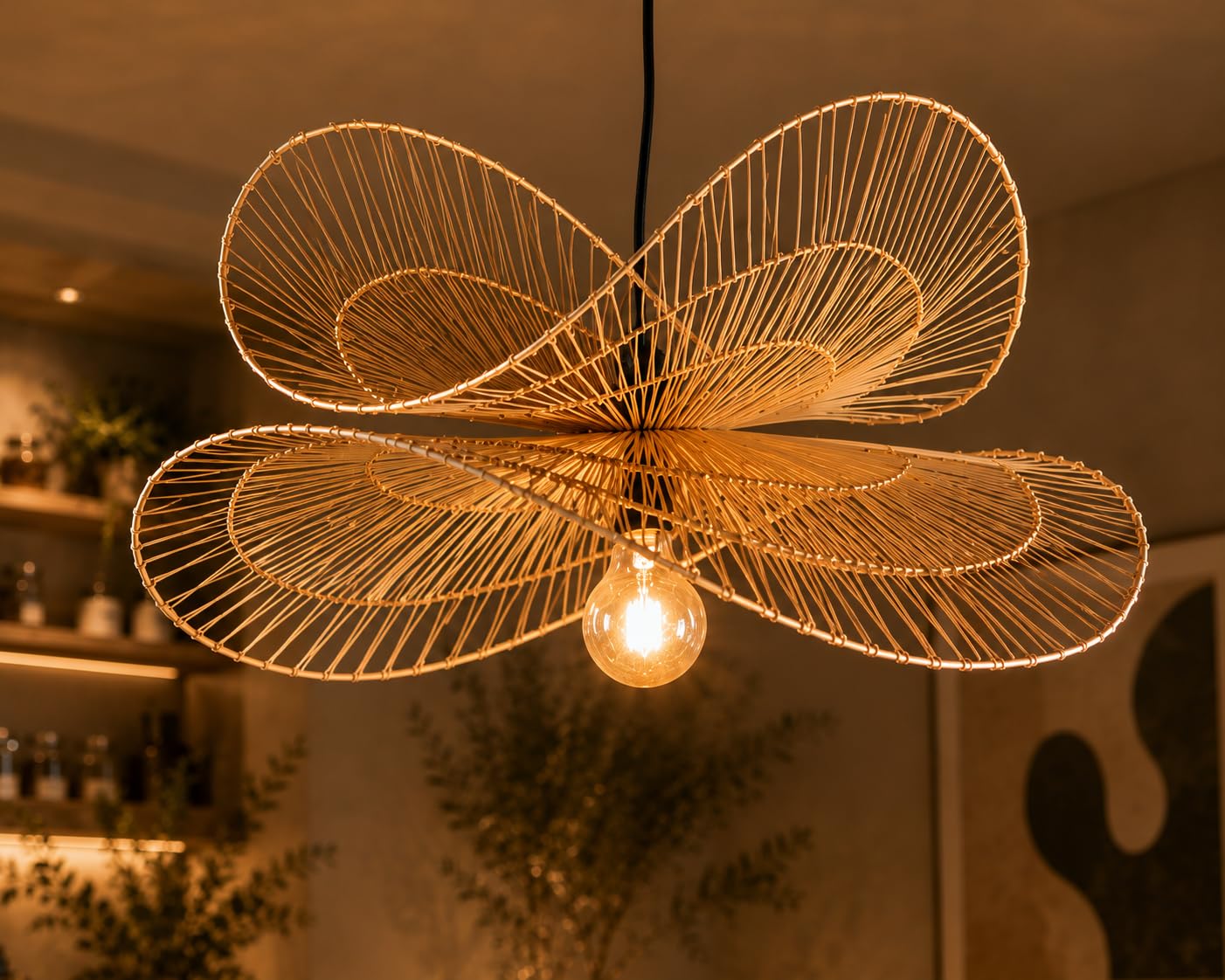 Handwoven Natural Rattan Pendant Light - Butterfly Design