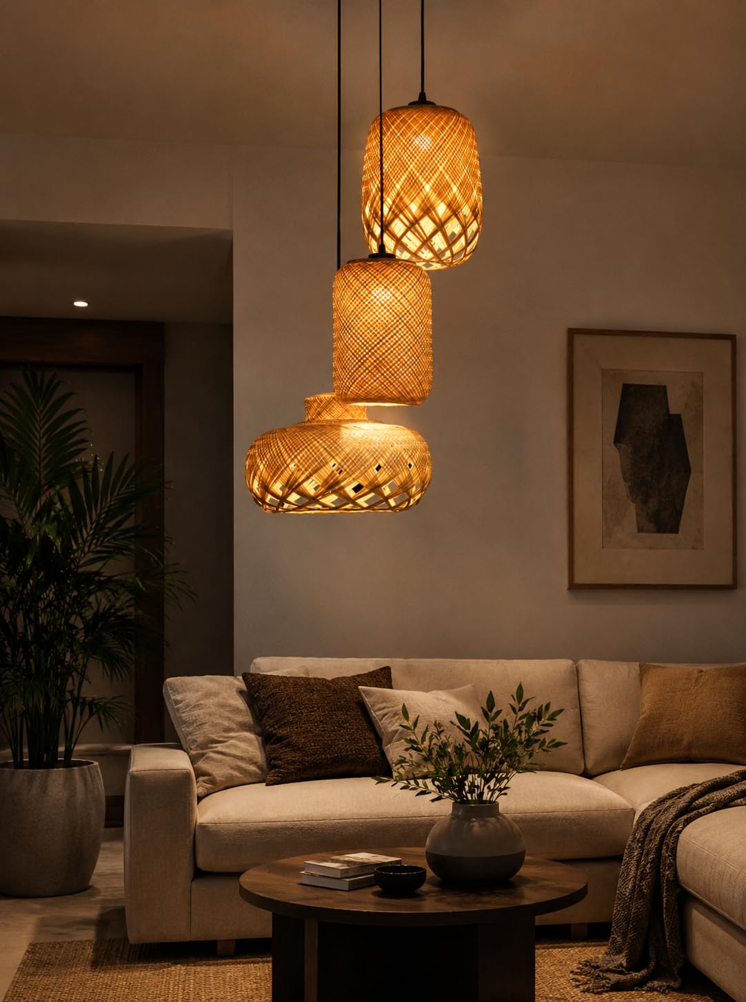 Hanging Light Set of 3 - Woven Bamboo Pendant Lights