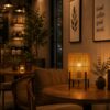 Rattan Table Lamp with Black Metal Stand - Boho