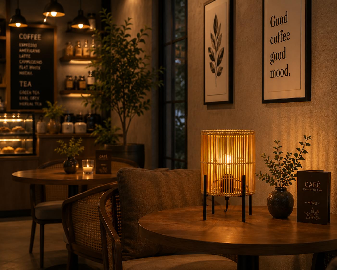Rattan Table Lamp with Black Metal Stand - Boho