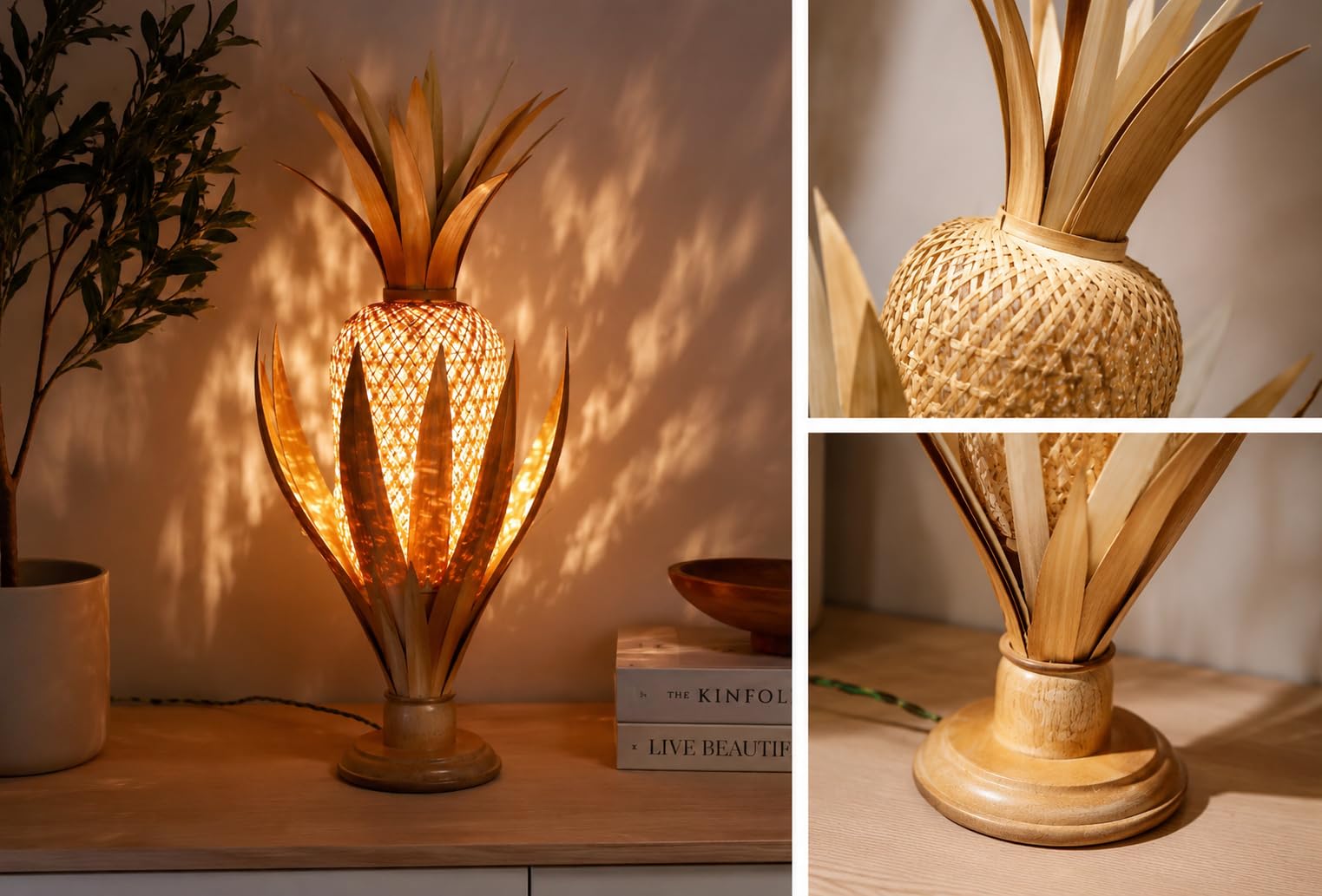 Pineapple Table Lamp - Woven Rattan Shade with Natural Palm Leaves