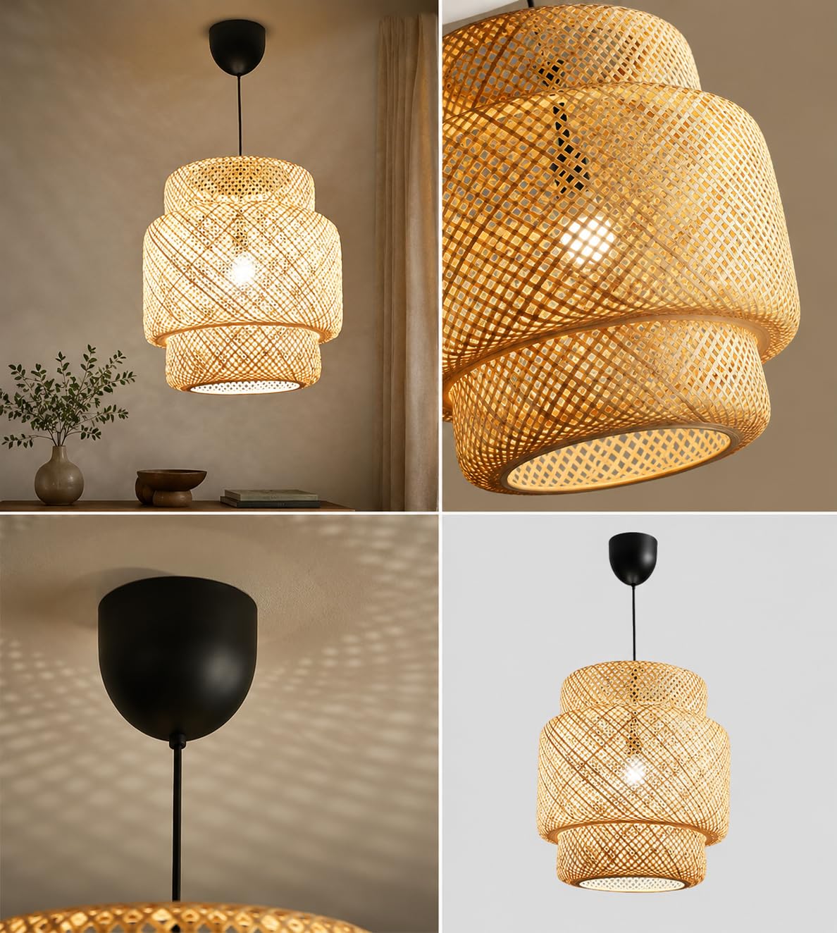 Handwoven Bamboo Pendant Light - Natural Beige