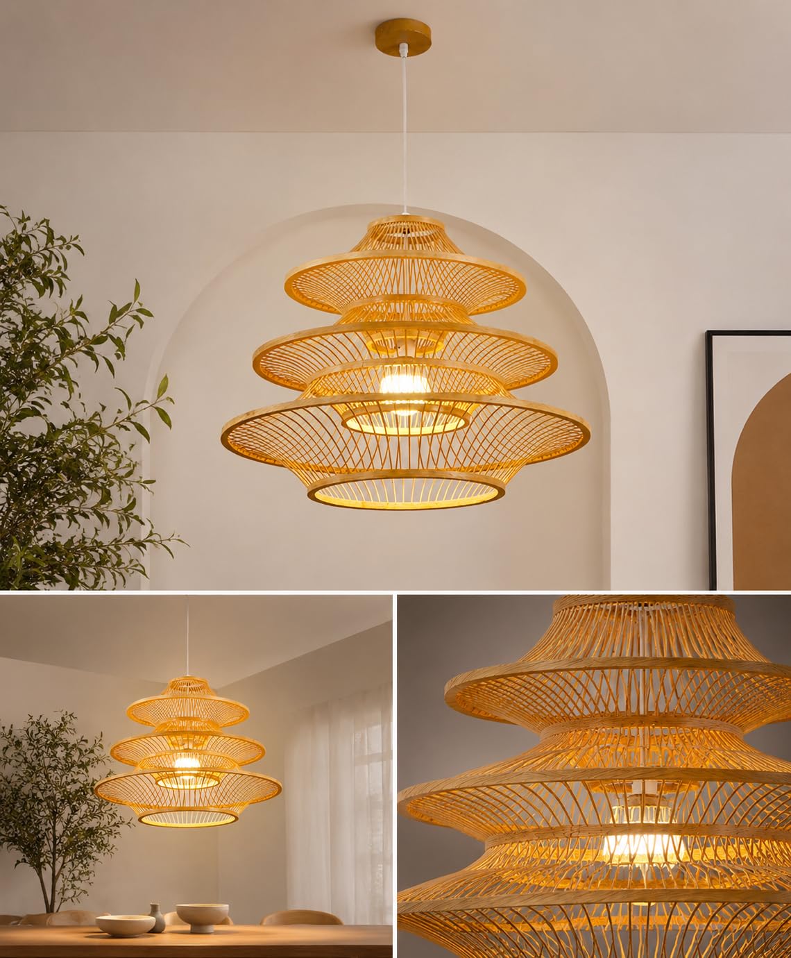 Handwoven Bamboo Pendant Light - Multi-Tier Wicker Hanging Light