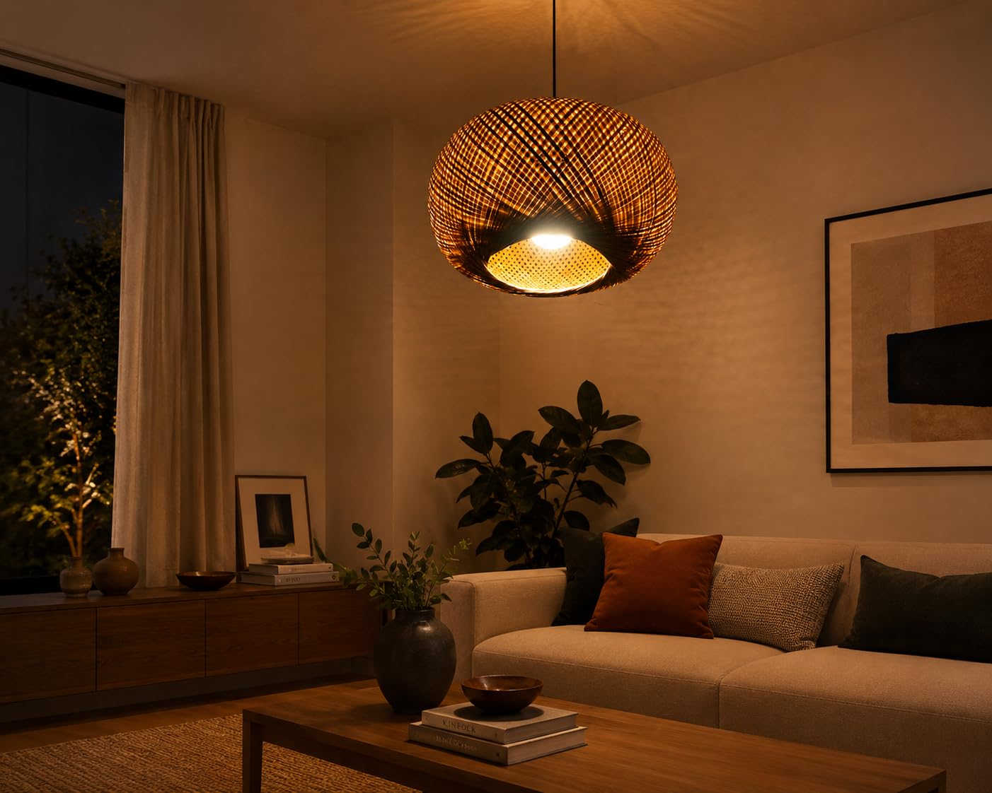 Hanging Natural Bamboo Woven Globe Pendant Light - Light