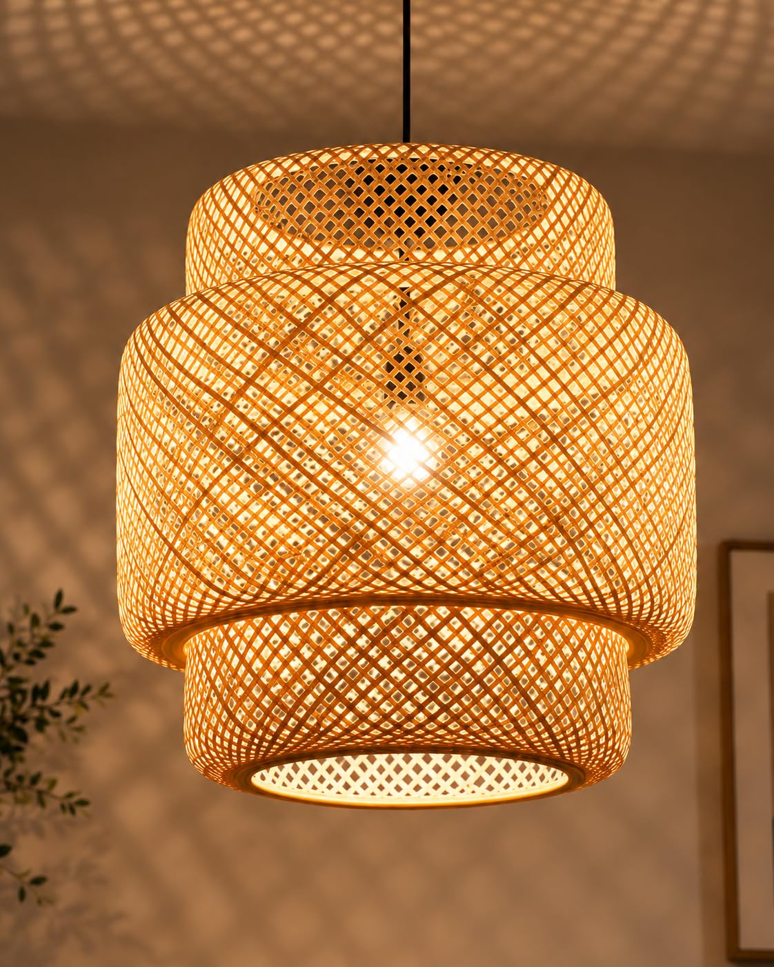 Handwoven Bamboo Pendant Light - Natural Beige