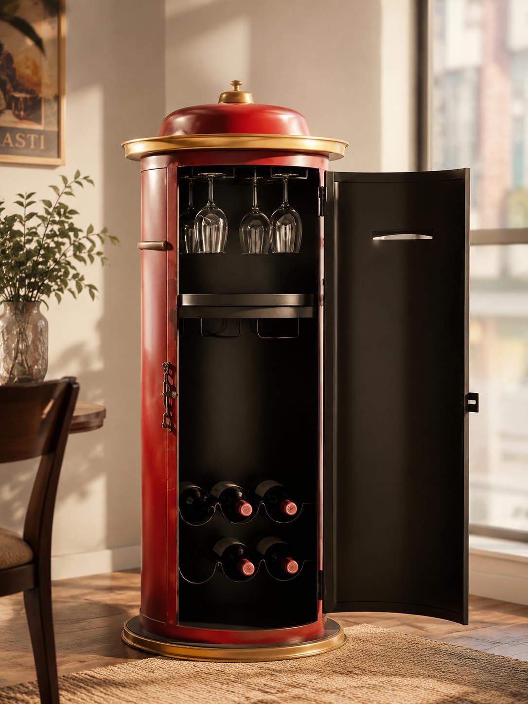 Cylindrical Wine Cabinet with Glass Holder ? Red & Gold