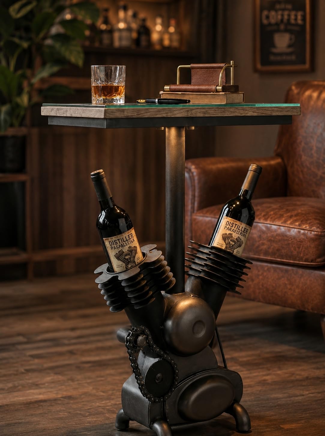 V-Twin Engine Side Table with Wine Bottle Holder