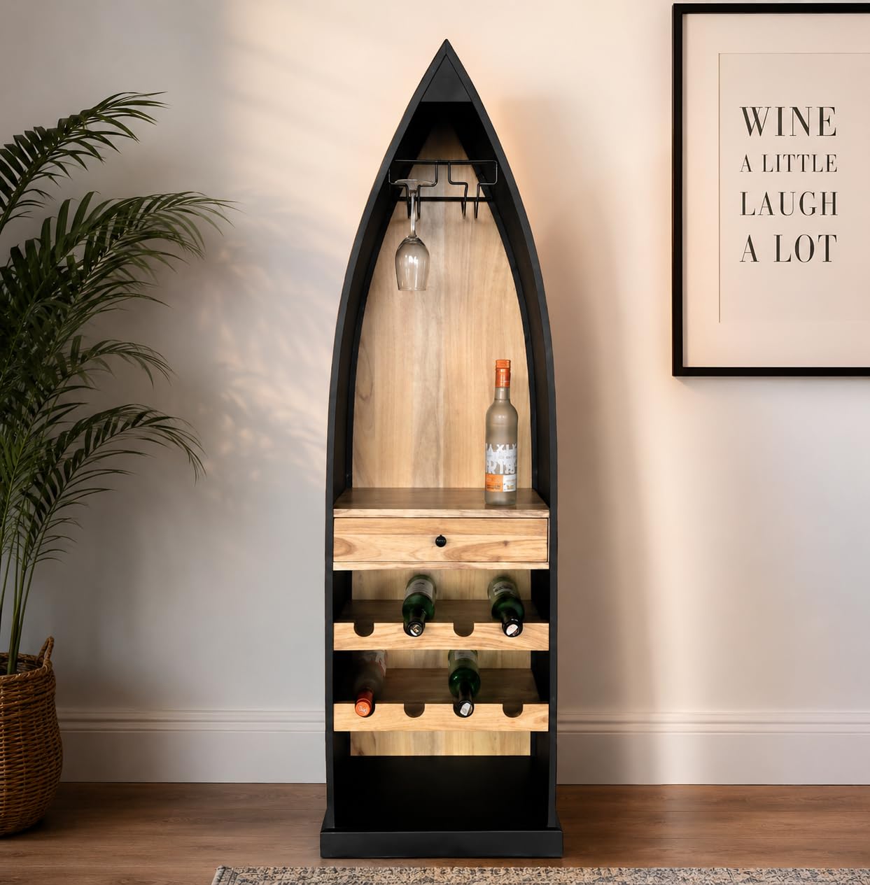 Boat-Shaped Wine Rack Cabinet with Glass Holder & Drawer
