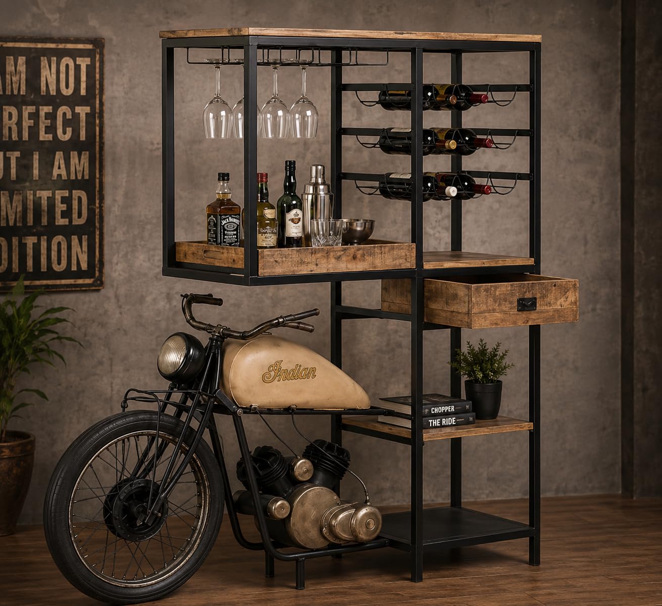 Vintage Motorcycle Bar Cabinet with Wine Rack & Glass Holder