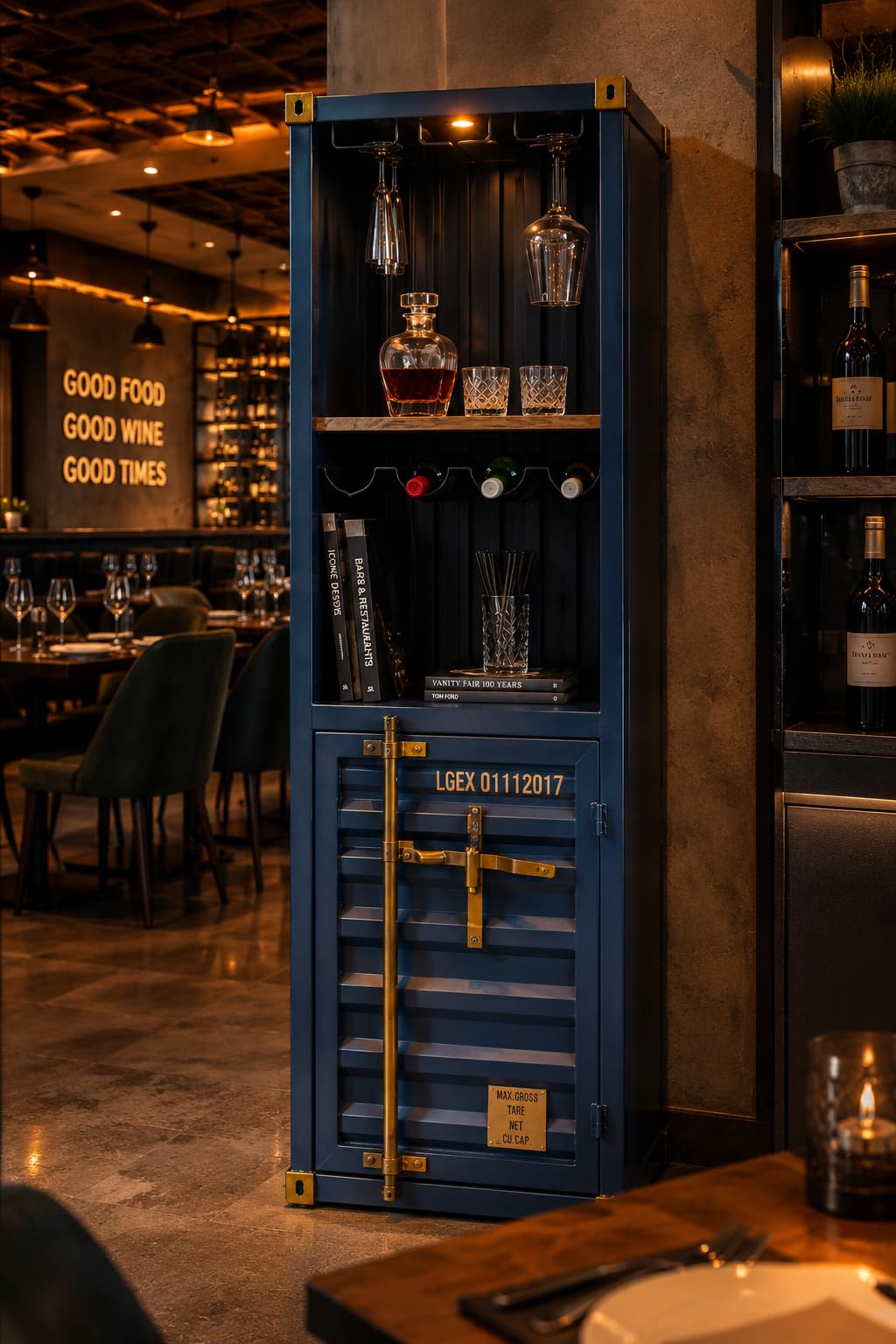 Industrial Shipping Container Bar Cabinet ? Navy Blue