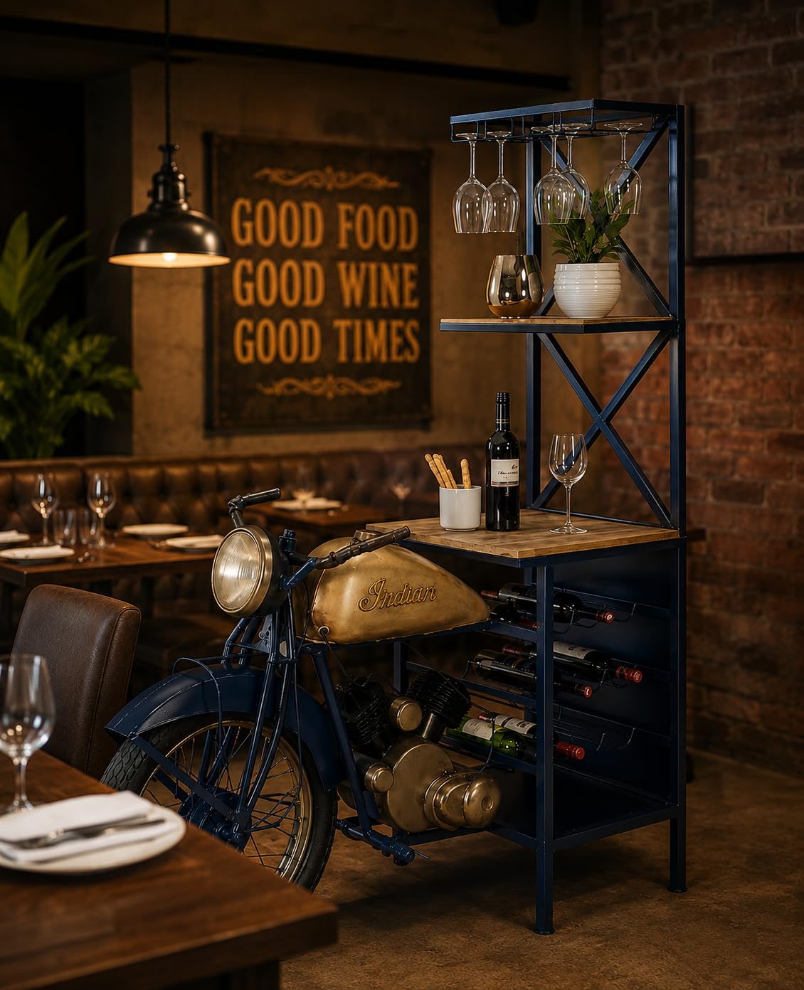Vintage Motorcycle Bar Unit with Wine Rack & Glass Holder
