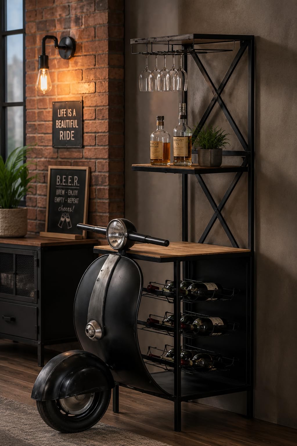 Vintage Scooter Bar Cabinet with Wine Rack & Glass Holder